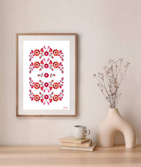 Neutral home still life. Decorative boho interior. Vase with bouquet of dry plants, grass on wooden table. Blank picture frame mockup hanging on wall. White cup of coffee or tea,books, artistic poster.