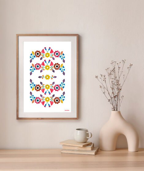 Neutral home still life. Decorative boho interior. Vase with bouquet of dry plants, grass on wooden table. Blank picture frame mockup hanging on wall. White cup of coffee or tea,books, artistic poster.