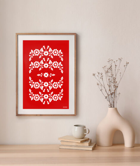 Neutral home still life. Decorative boho interior. Vase with bouquet of dry plants, grass on wooden table. Blank picture frame mockup hanging on wall. White cup of coffee or tea,books, artistic poster.