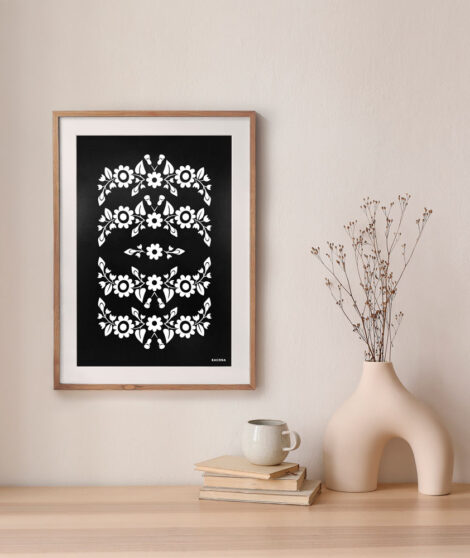 Neutral home still life. Decorative boho interior. Vase with bouquet of dry plants, grass on wooden table. Blank picture frame mockup hanging on wall. White cup of coffee or tea,books, artistic poster.